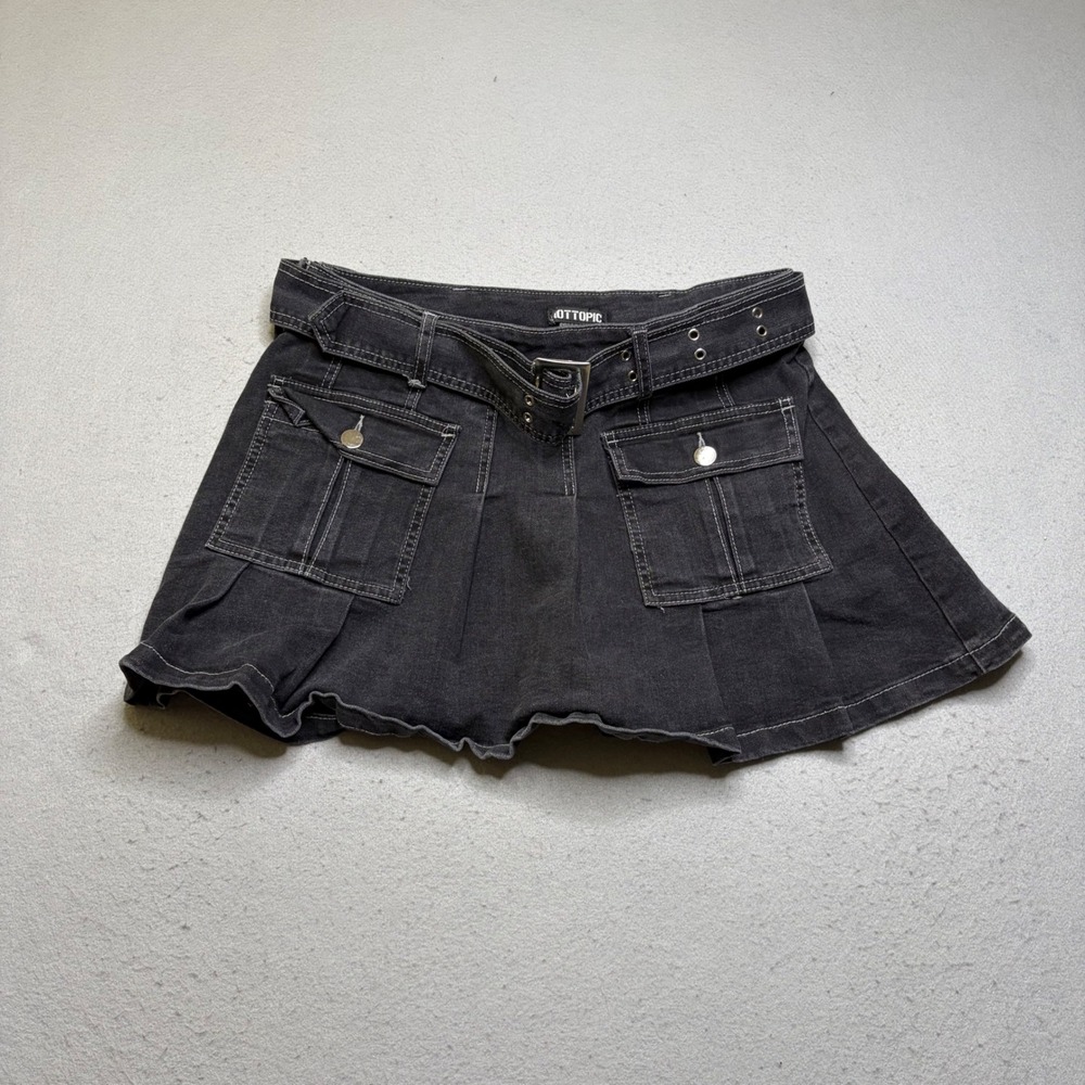 Hot Topic Mini Skirt Womens LG Black Denim Belted Pleated Y2K Contrast Stitch